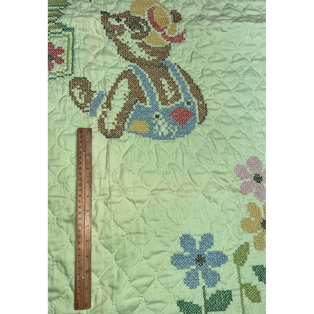 VTG Teddy Bear Jack In The Box Baby Crib Quilt Blanket Green Crossstitch 57